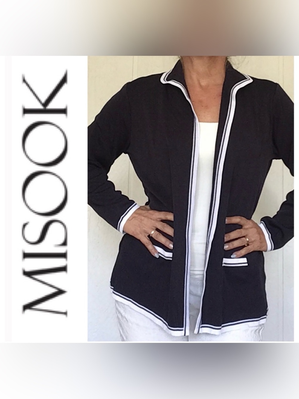 Vintage Exclusively Misook Navy Cardigan White‎ Trim Knit Jacket XL